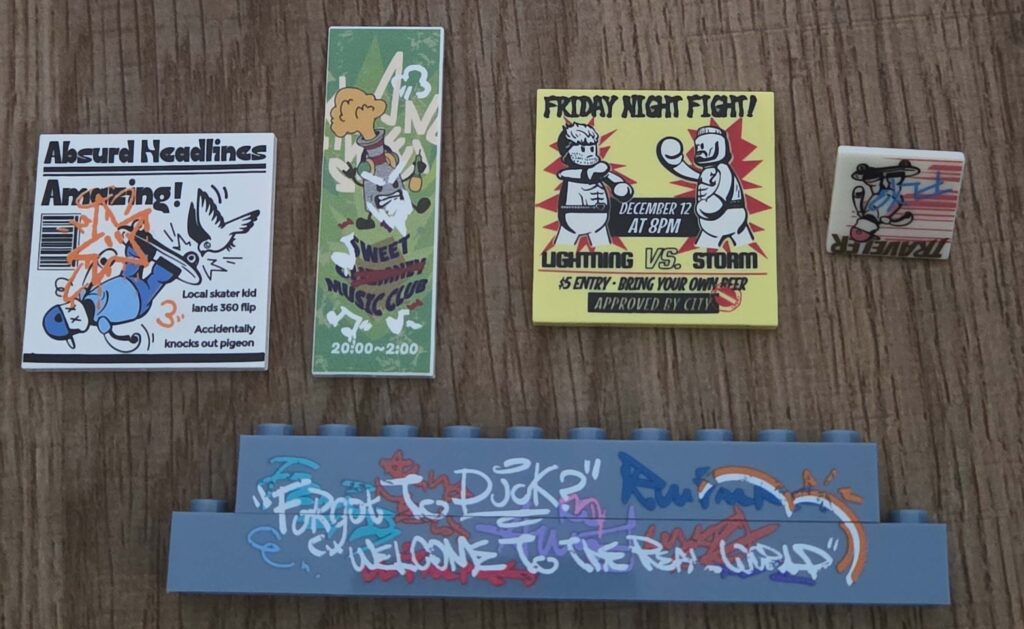 Printed graffiti and signage pieces in the Lumibricks Boxing Club 19009