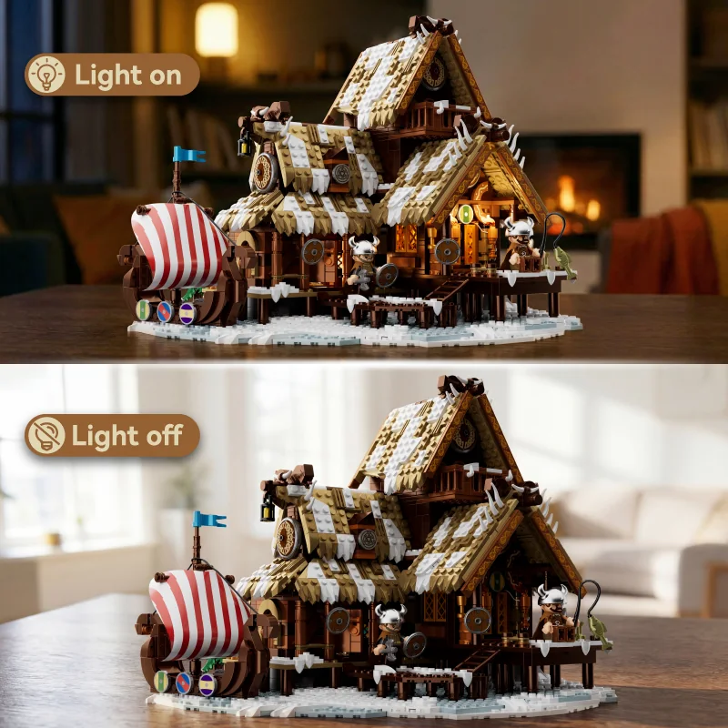I AM BRICK Icehorn Longhouse 1694 PCS light on and light off comparison