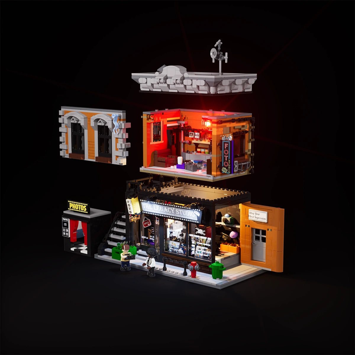 Lumibricks Corner Photo Studio 19016 quick-release roof and wall image showing the red darkroom light