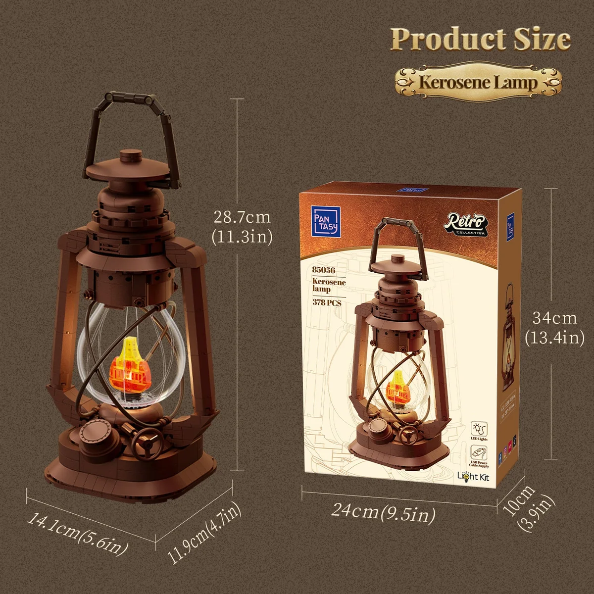 Pantasy Kerosene Lamp 85056 product size panel with light kit