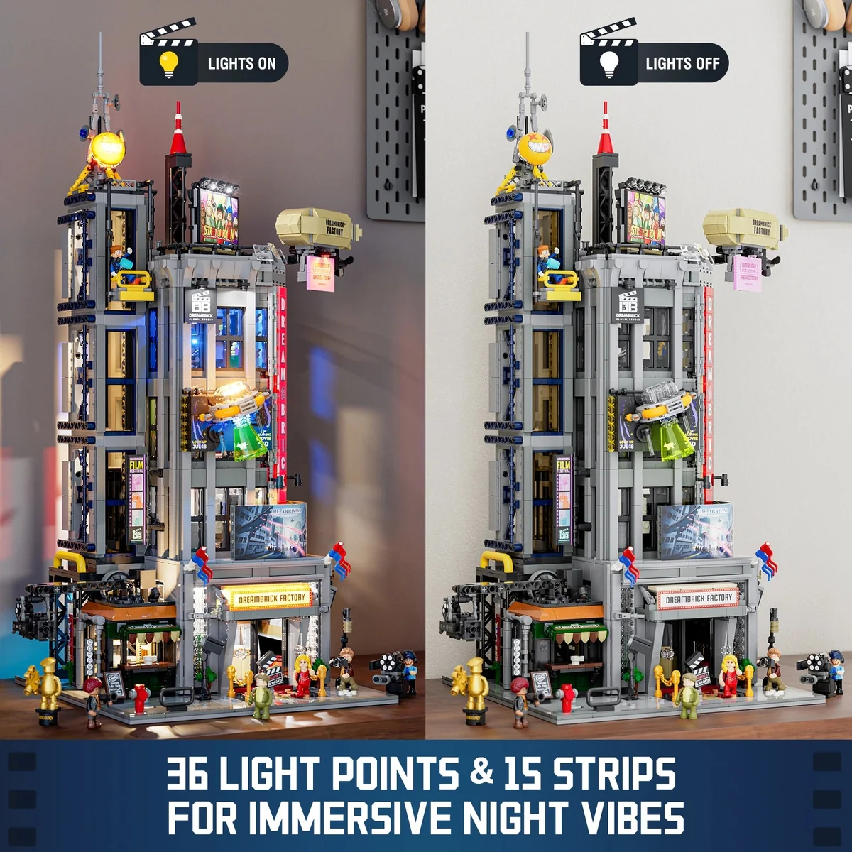 Lumibricks Film Studio Tower 19015 with lights on and off