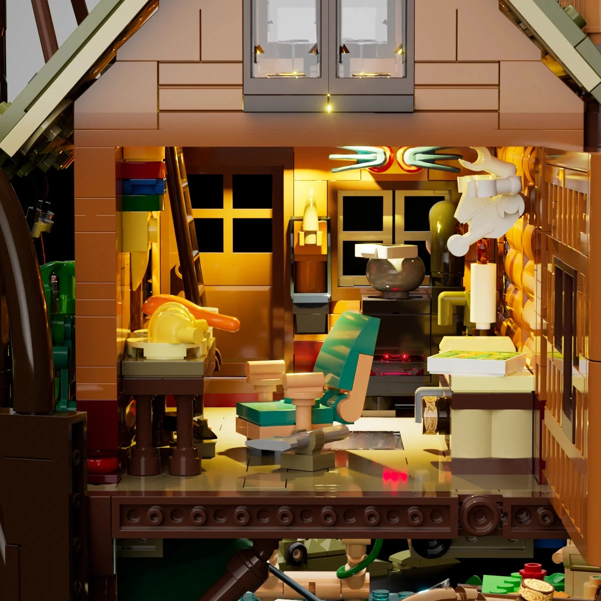 Lumibricks Misty Forest Cabin 10015 interior and lighting details