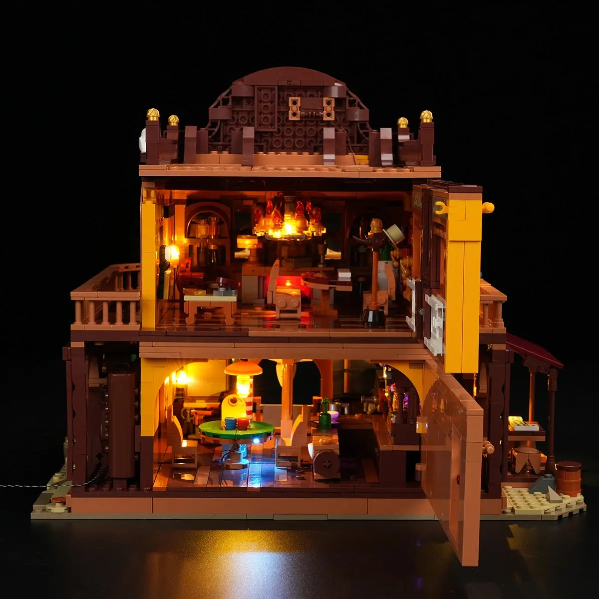 Open rear view of the two-floor Lumibricks Fortune Club Saloon 14019 interior
