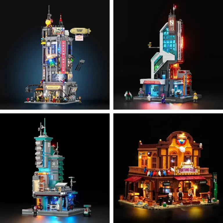 Film Studio Tower, Neon Tech Tower, Neon Tech Station and Fortune Club Saloon in the July 2026 Lumibricks release wave