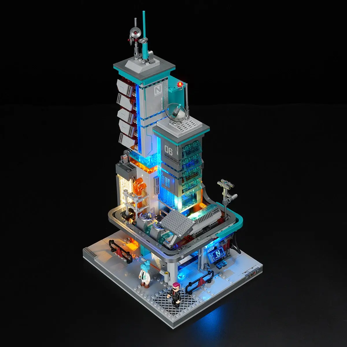 Elevated view of the detailed Lumibricks Neon Tech Station 17010 build