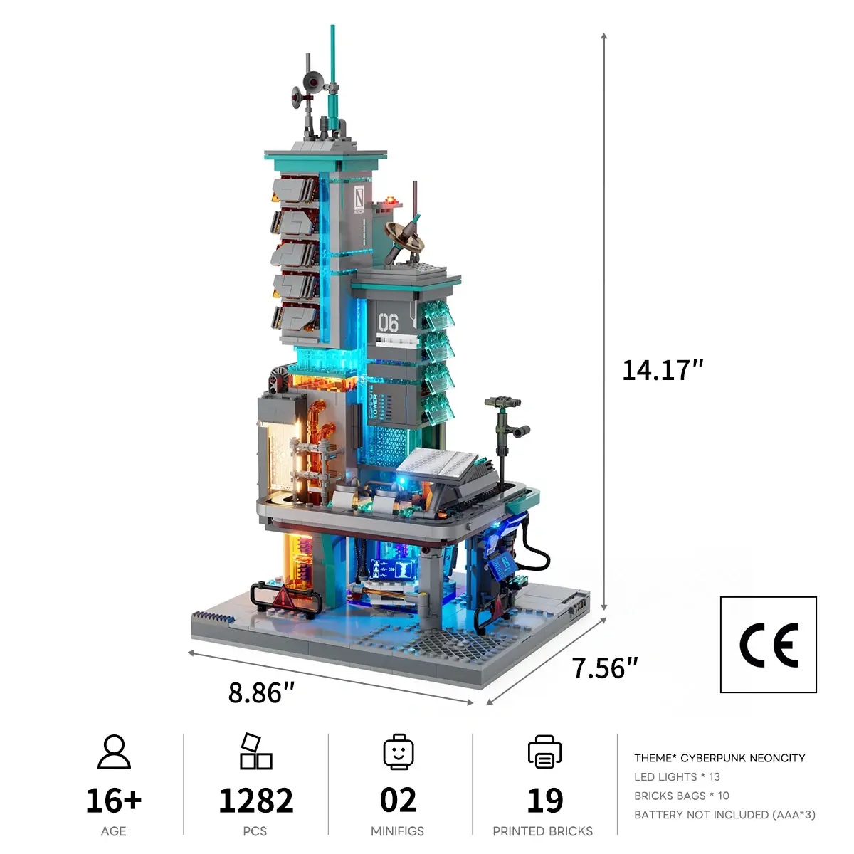 Lumibricks Neon Tech Station 17010 dimensions, piece count and lighting specifications