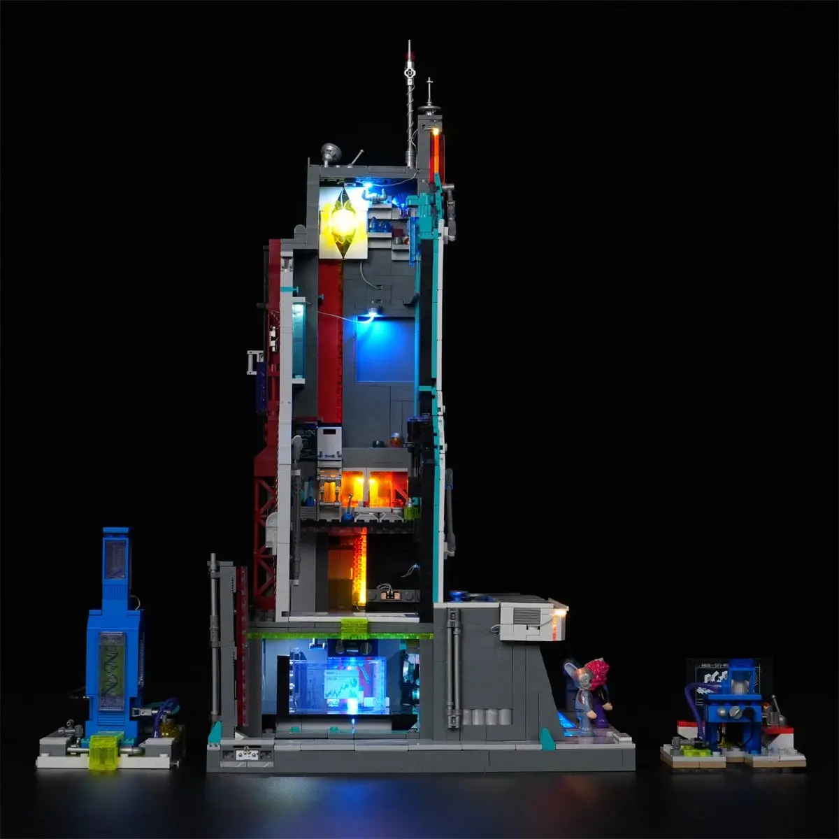 Open rear view of the four-floor Lumibricks Neon Tech Tower 17011 interior