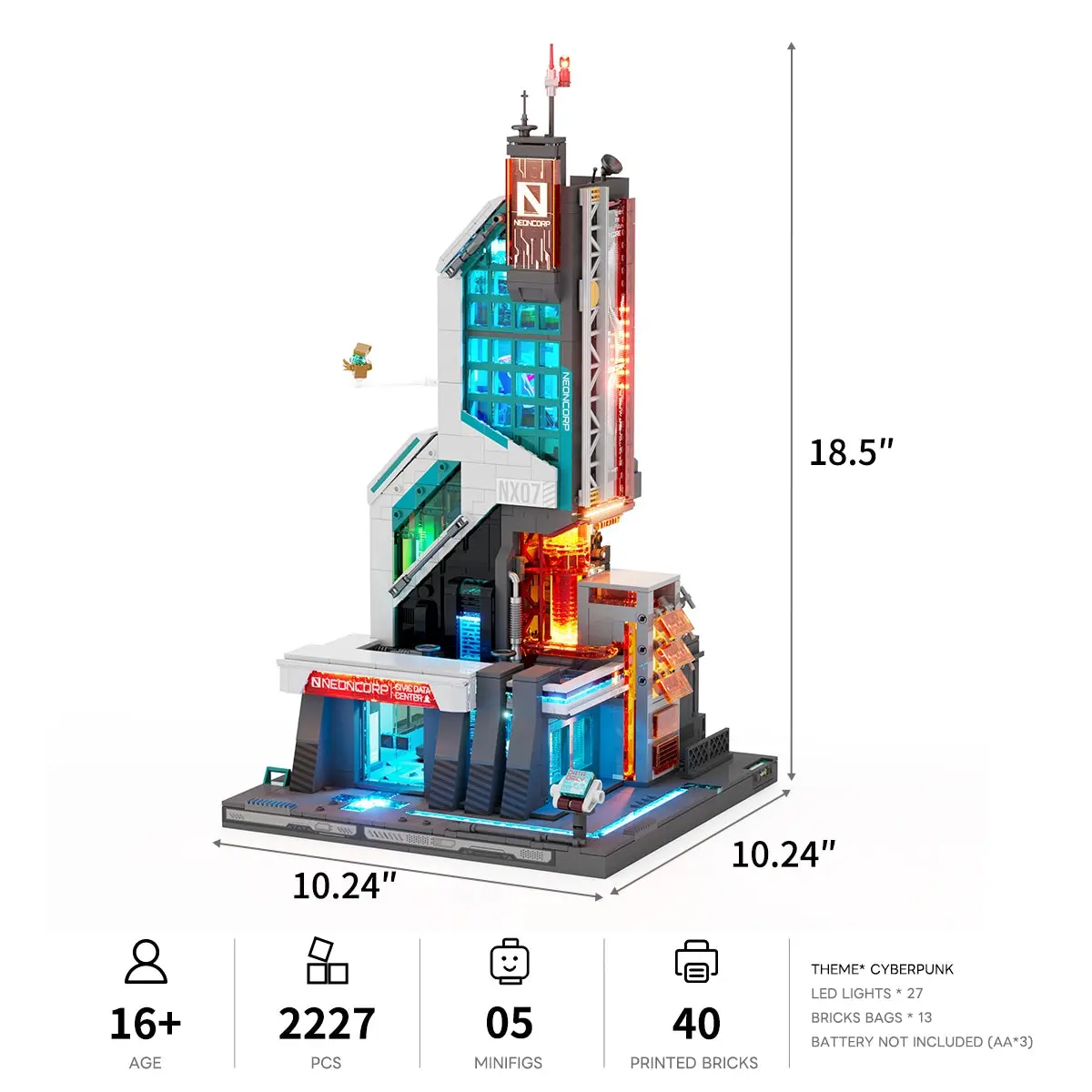 Lumibricks Neon Tech Tower 17011 dimensions, piece count and printed brick specifications