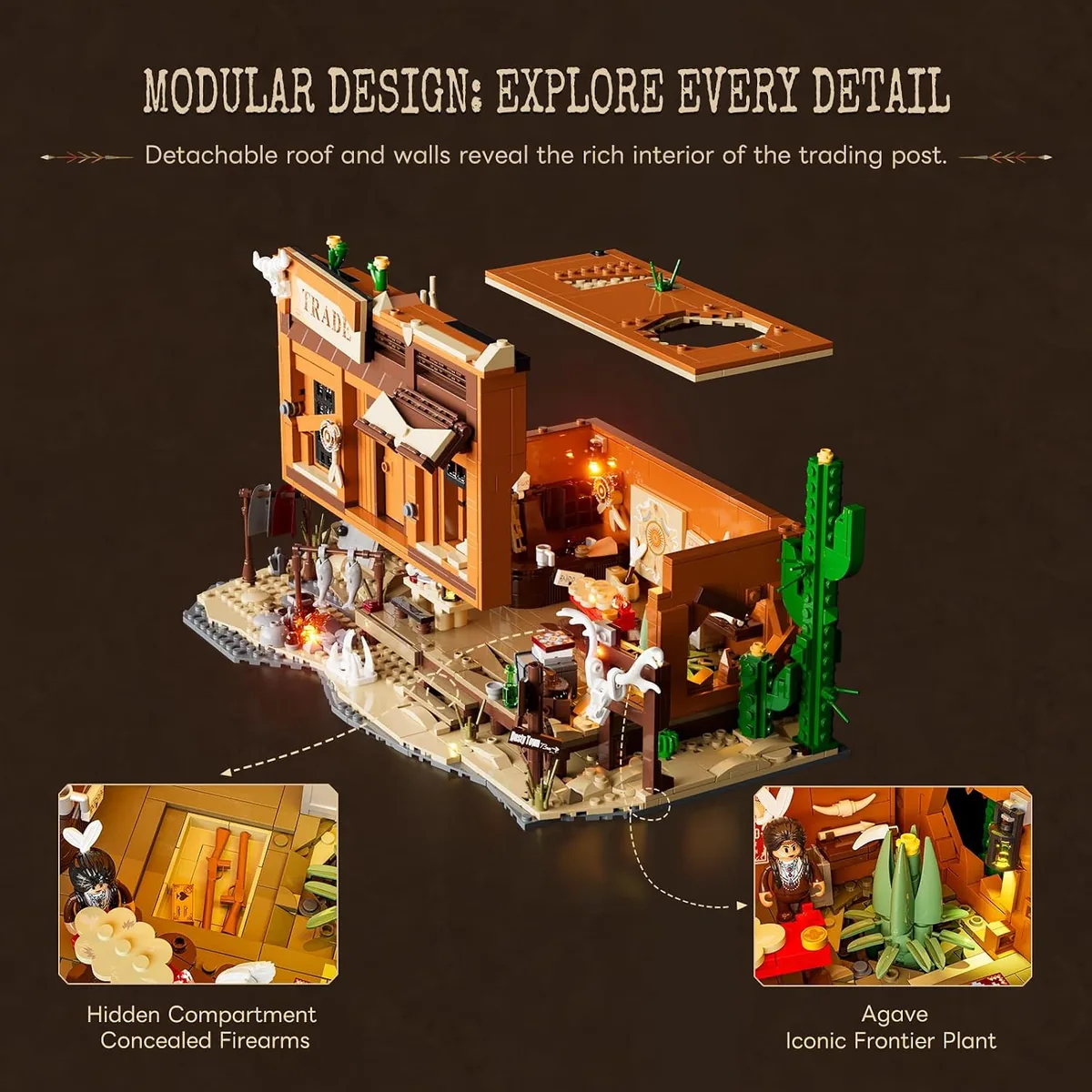 Lumibricks Western Fur Trading Post 14018 with its roof removed to show the interior