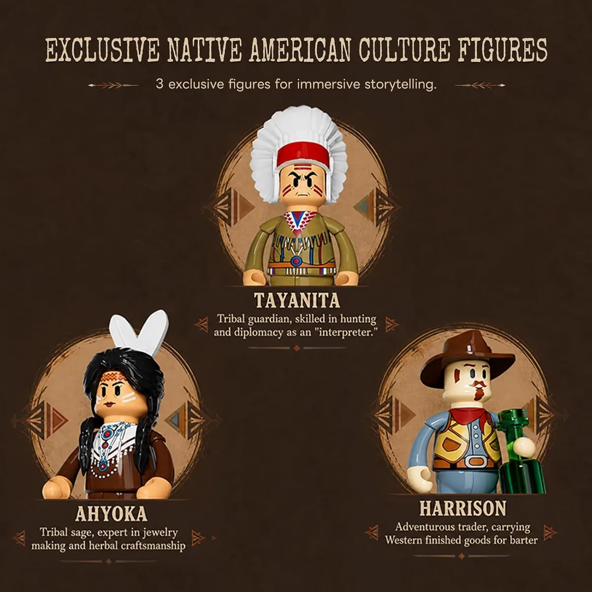 The three figures included with Lumibricks Western Fur Trading Post 14018