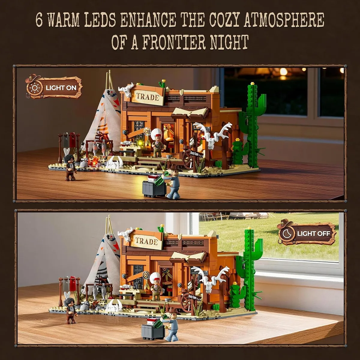 Lumibricks Western Fur Trading Post 14018 with the warm LED lighting switched on and off