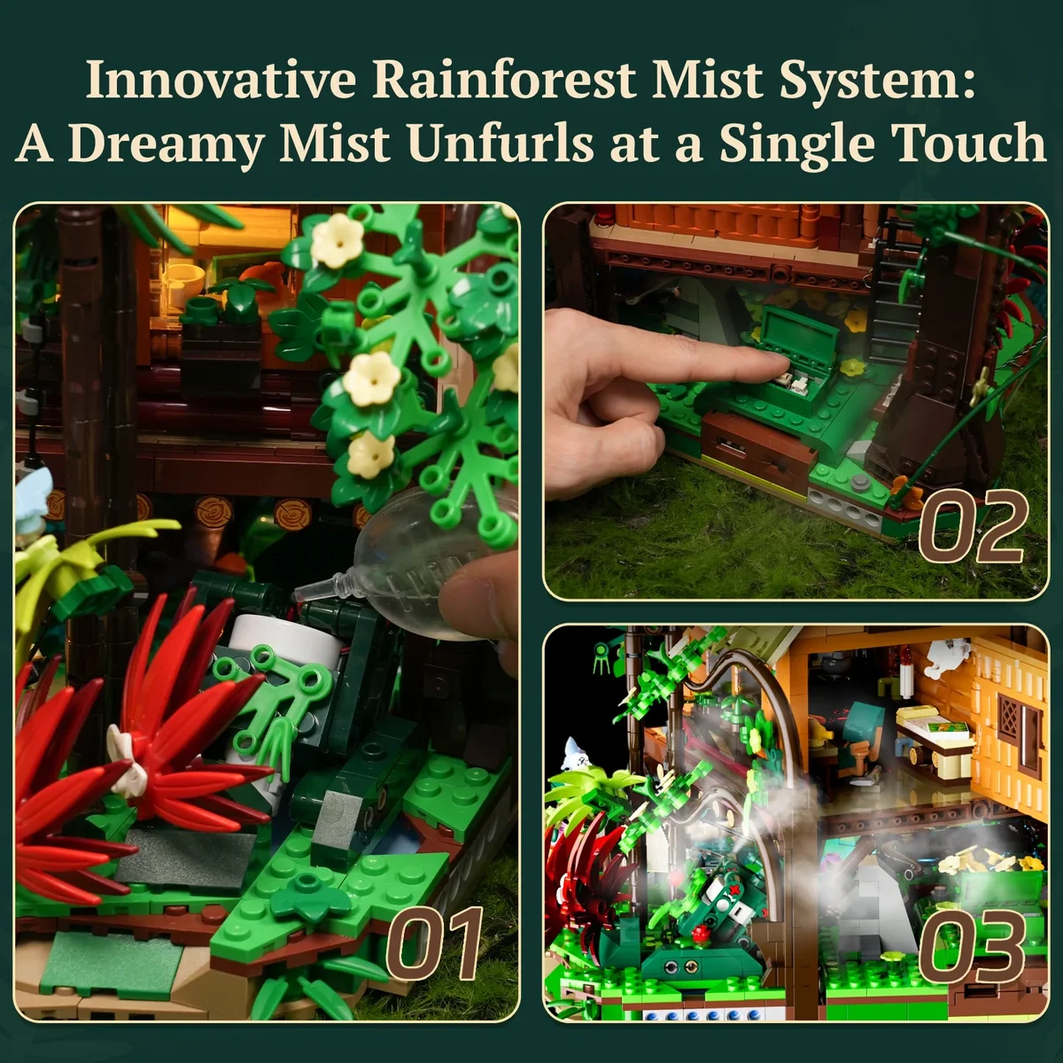 Lumibricks Misty Forest Cabin 10015 rainforest mist system detail