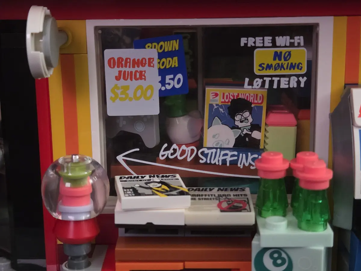 Printed storefront window, newspapers and drinks on Lumibricks The Bodega 26 19017