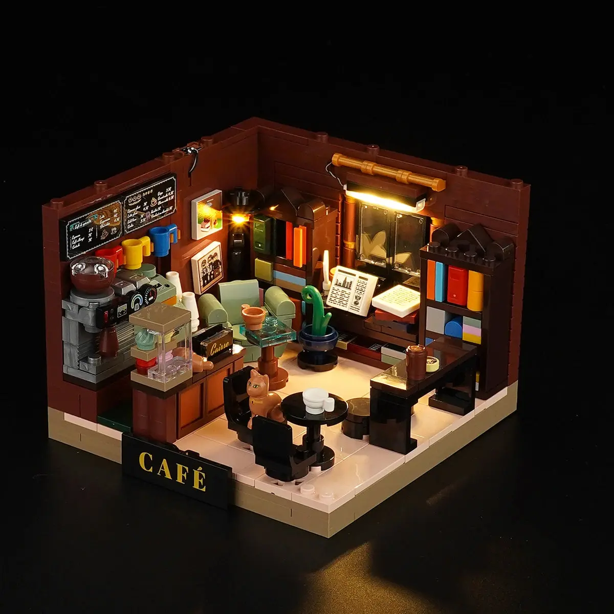 Lumibricks Book-Cafe Box 15018 with its two integrated lights switched on