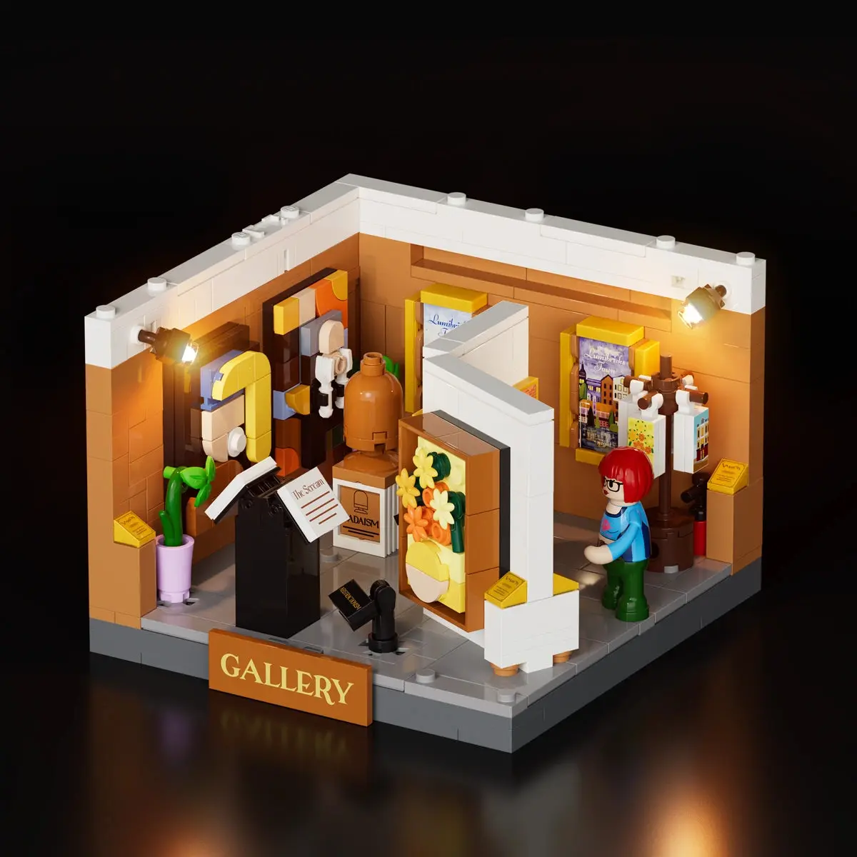 Lumibricks Brick Art Gallery Box 15019 with the gallery spotlights switched on