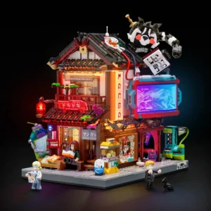 Lumibricks Manga Shop 17015 illuminated cyberpunk building with manga billboard and rooftop cat