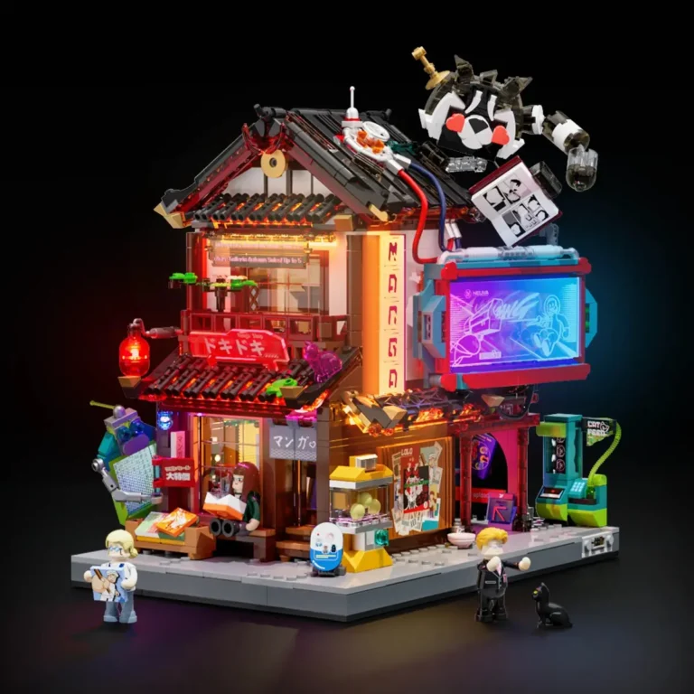 Lumibricks Manga Shop 17015 illuminated cyberpunk building with manga billboard and rooftop cat