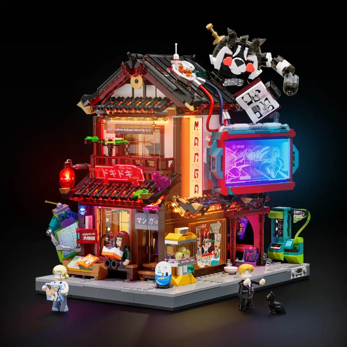 Lumibricks Manga Shop 17015 illuminated cyberpunk building with manga billboard and rooftop cat