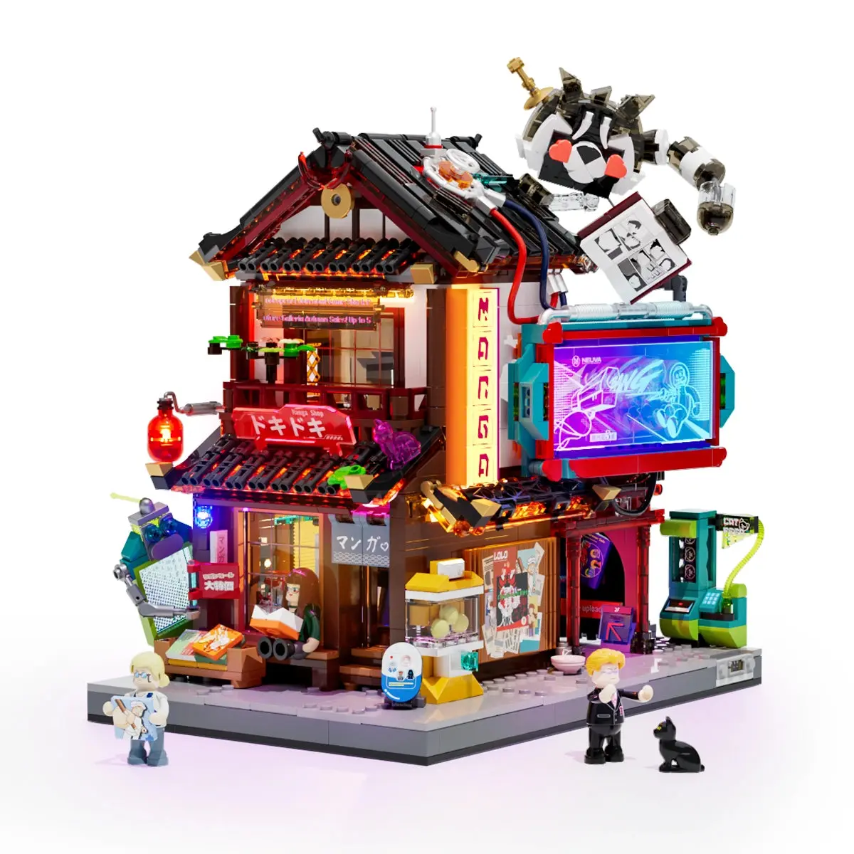 Full Lumibricks Manga Shop 17015 model with illuminated signage, two figures and black cat