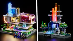 Lumibricks Neon Elite Lounge 17013 and Neon Garden 17014 illuminated Cyberpunk sets