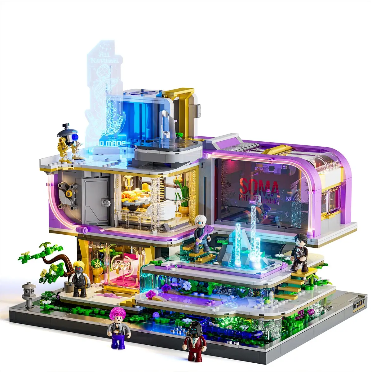 Lumibricks Neon Elite Lounge 17013 with two-storey dining rooms, garden and illuminated fountain