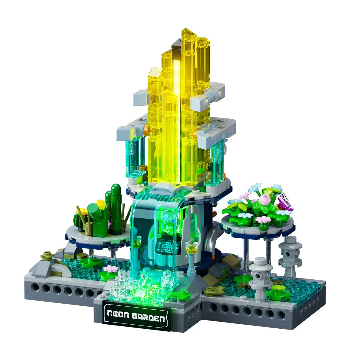 Lumibricks Neon Garden 17014 with illuminated tower, planters and water features