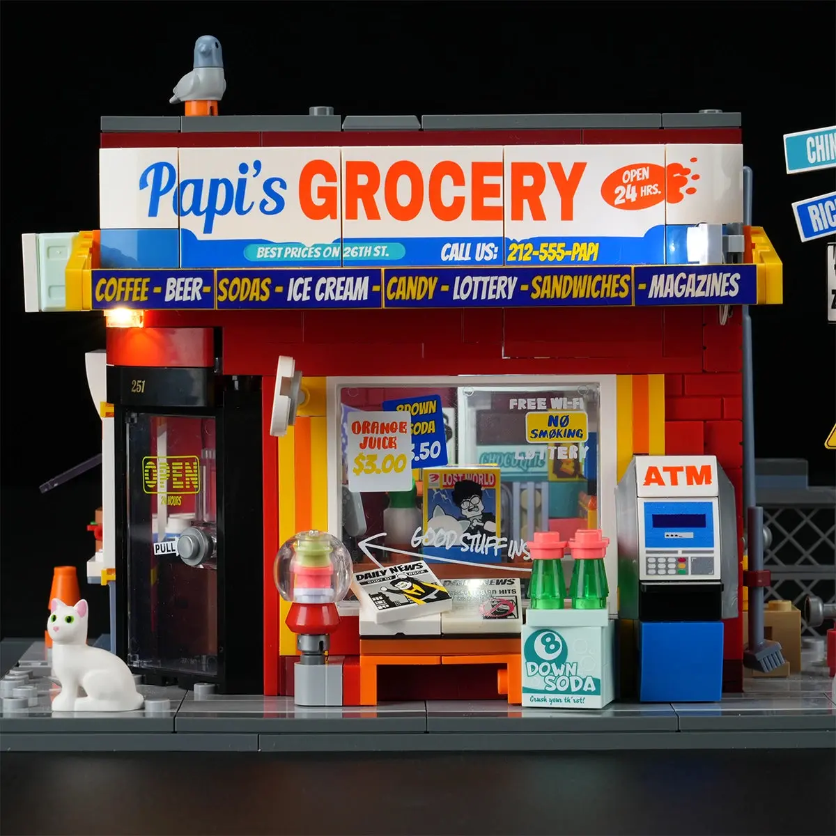 Front view of Lumibricks The Bodega 26 19017 with illuminated Papi's Grocery storefront