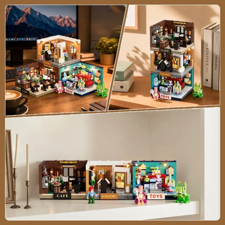 Lumibricks Book-Cafe Box 15018, Brick Art Gallery Box 15019 and Toy Store Box 15020 shown connected and stacked