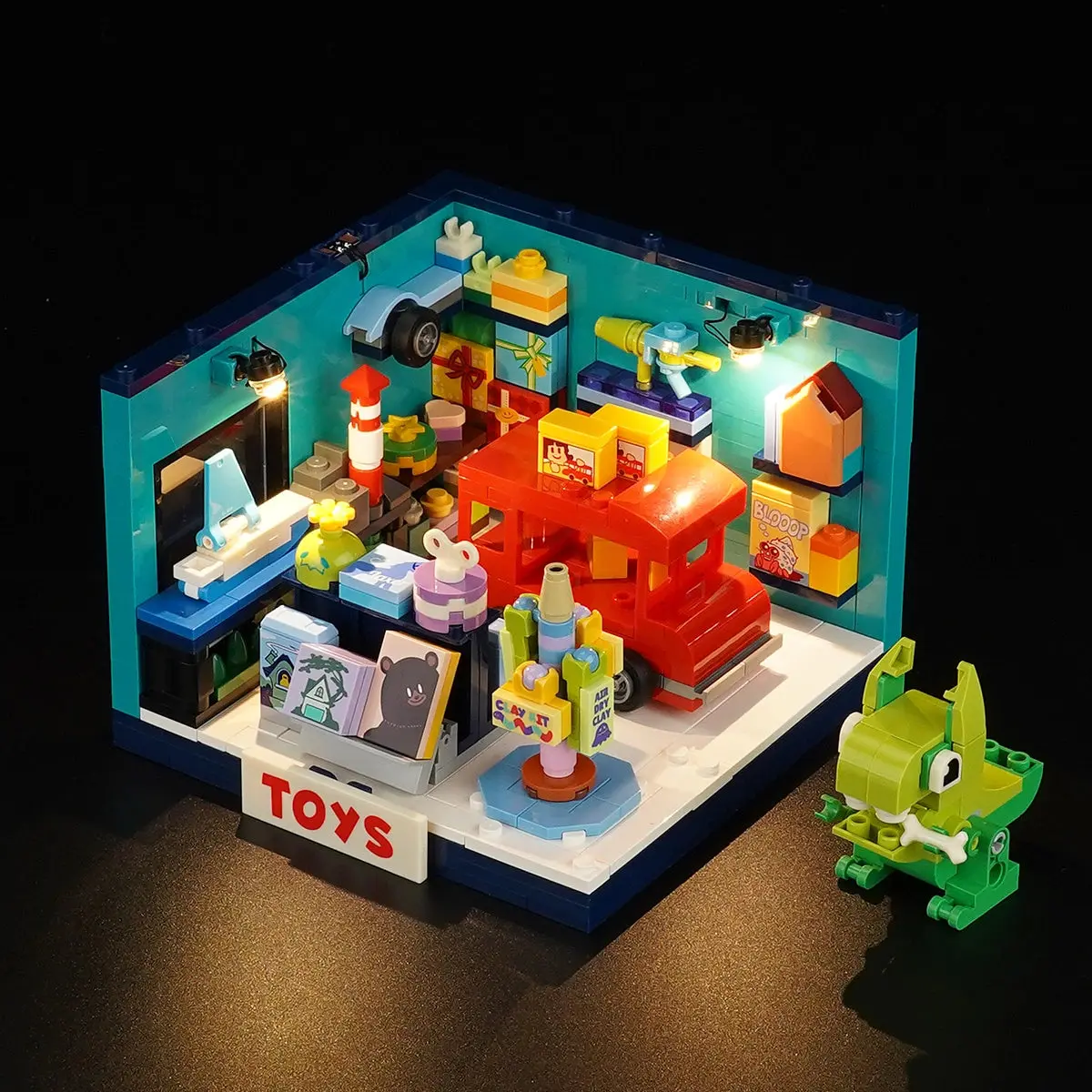 Lumibricks Toy Store Box 15020 with its display lighting switched on