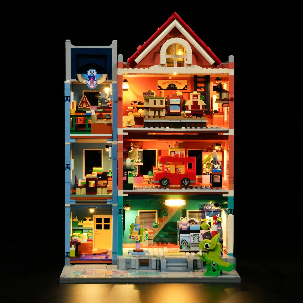 Open-backed interior floors of the full-size Lumibricks Toy Store L9100