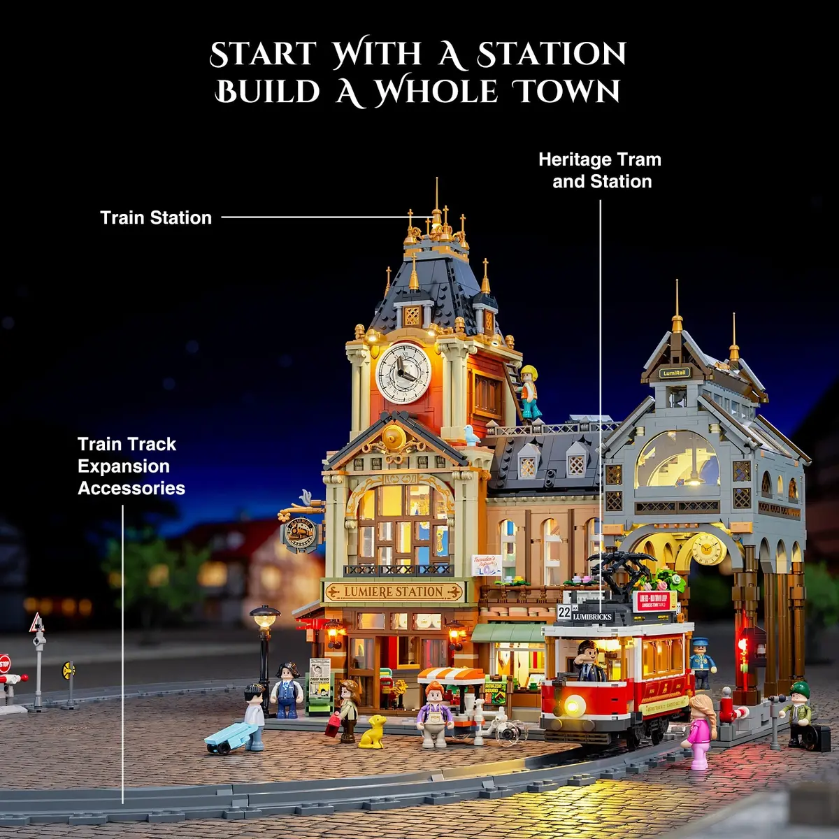 Lumibricks Train Station 15017 connected to Town Life and Heritage Tram displays