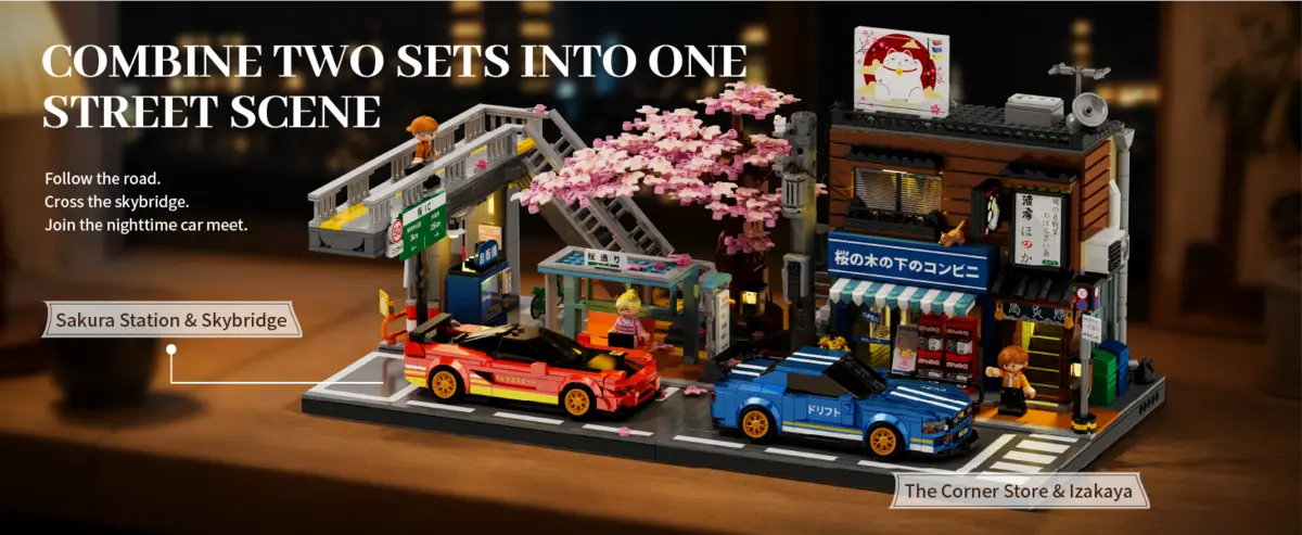 IAMBRICK Sakura Line sets 50104 and 50105 connected as one Japanese street scene