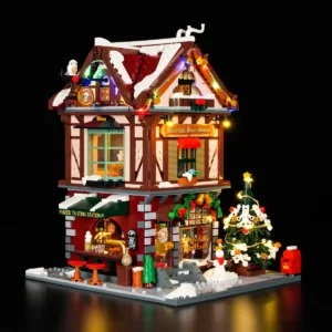 Lumibricks Christmas Pub 15014 illuminated winter building set viewed from the front