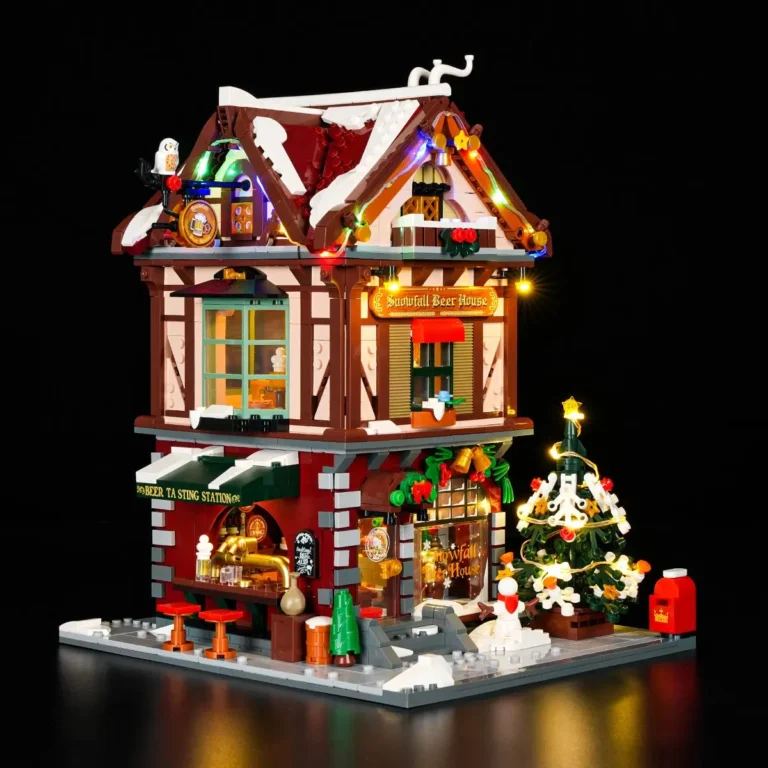 Lumibricks Christmas Pub 15014 illuminated winter building set viewed from the front