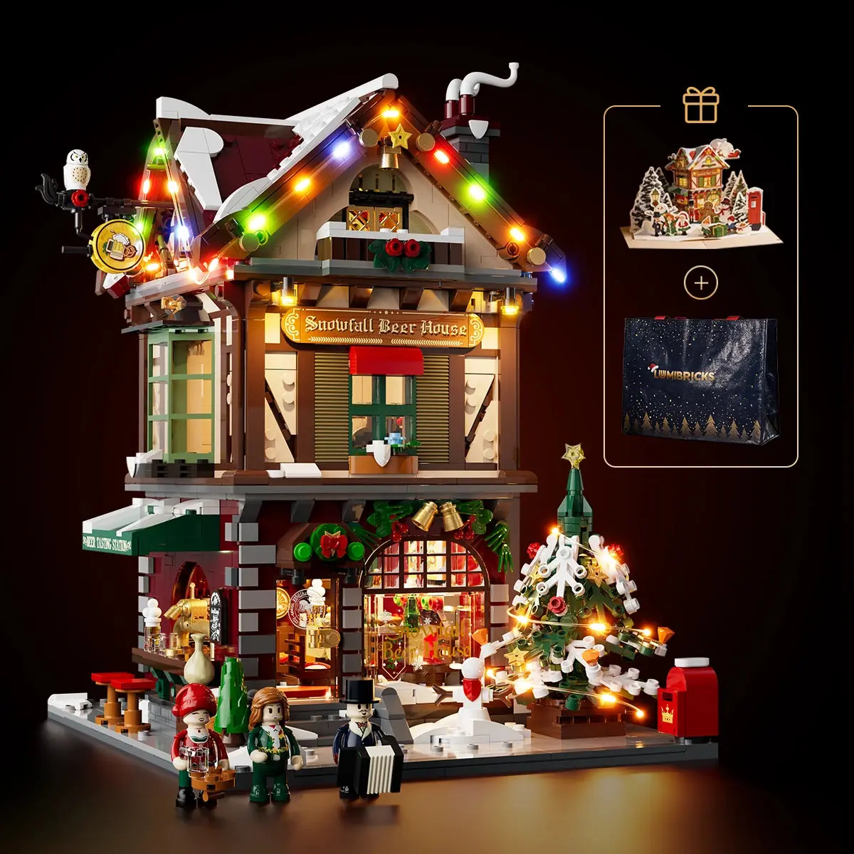 Lumibricks Christmas Pub 15014 limited gift set with woven bag and 3D Christmas card
