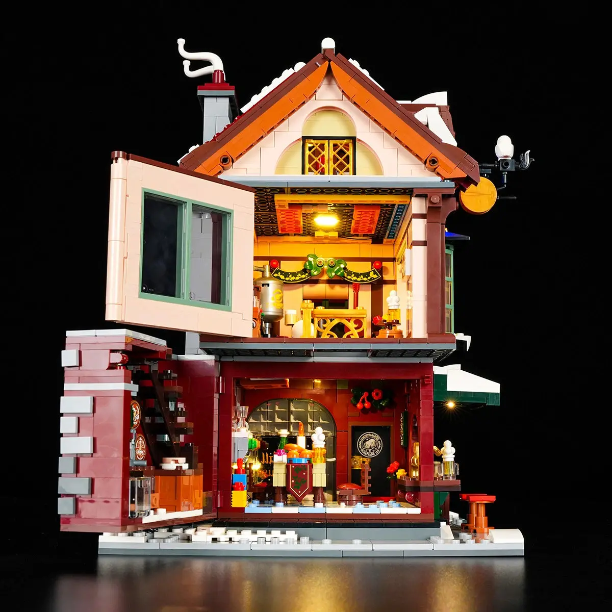 Lumibricks Christmas Pub 15014 opened to show the furnished interior