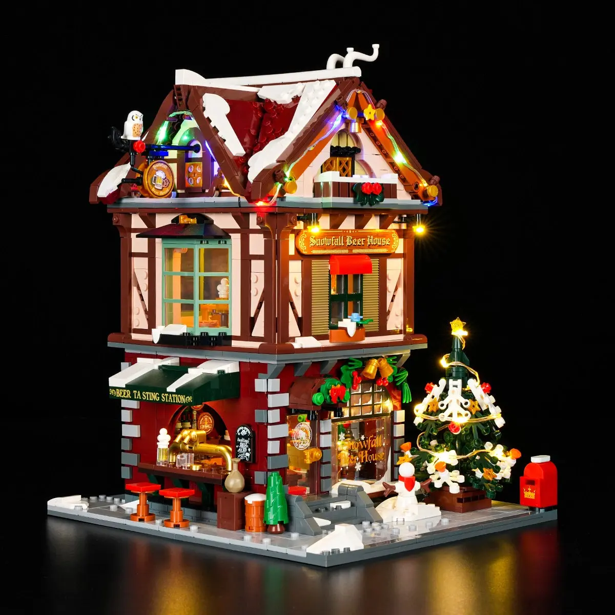 Lumibricks Christmas Pub 15014 illuminated winter building set viewed from the front