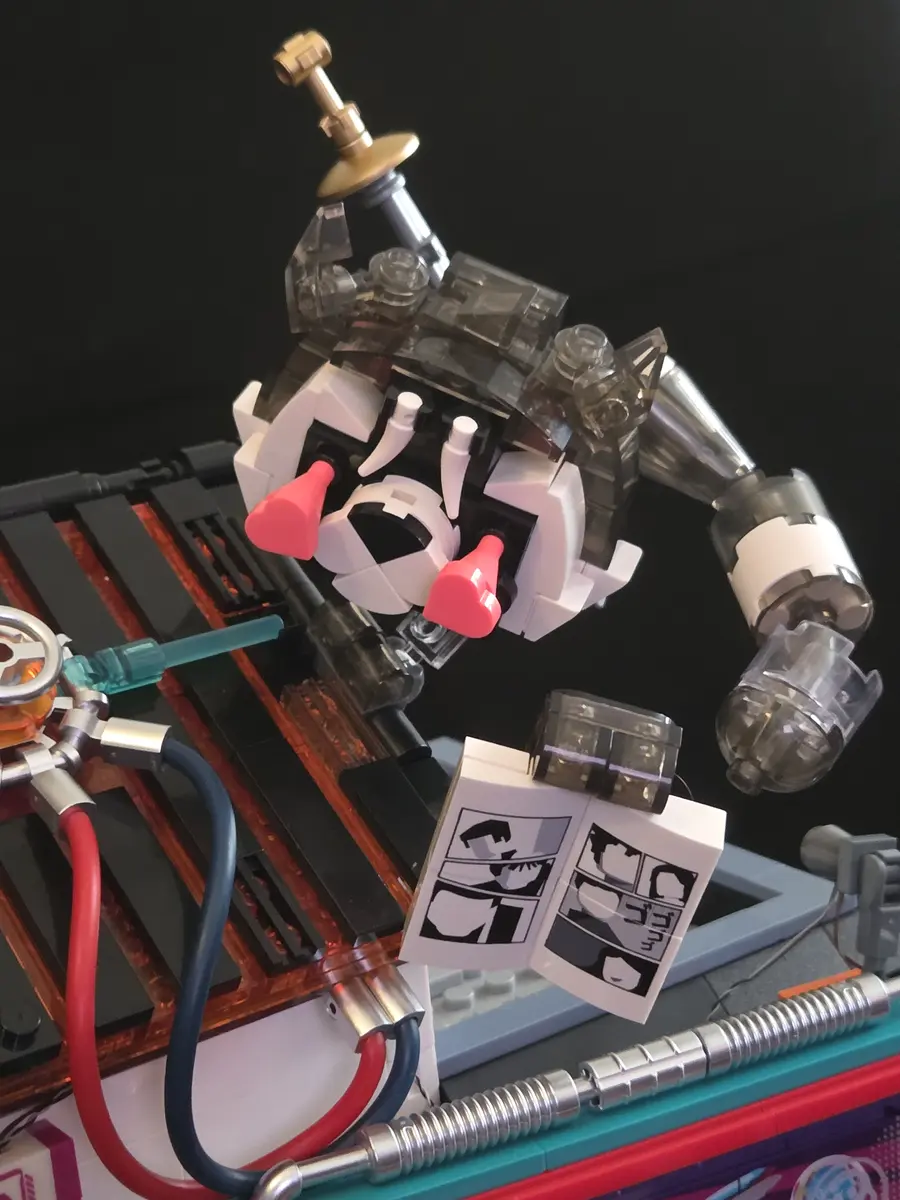 Rooftop tanuki mascot with sword, manga book, machinery and flexible tubing