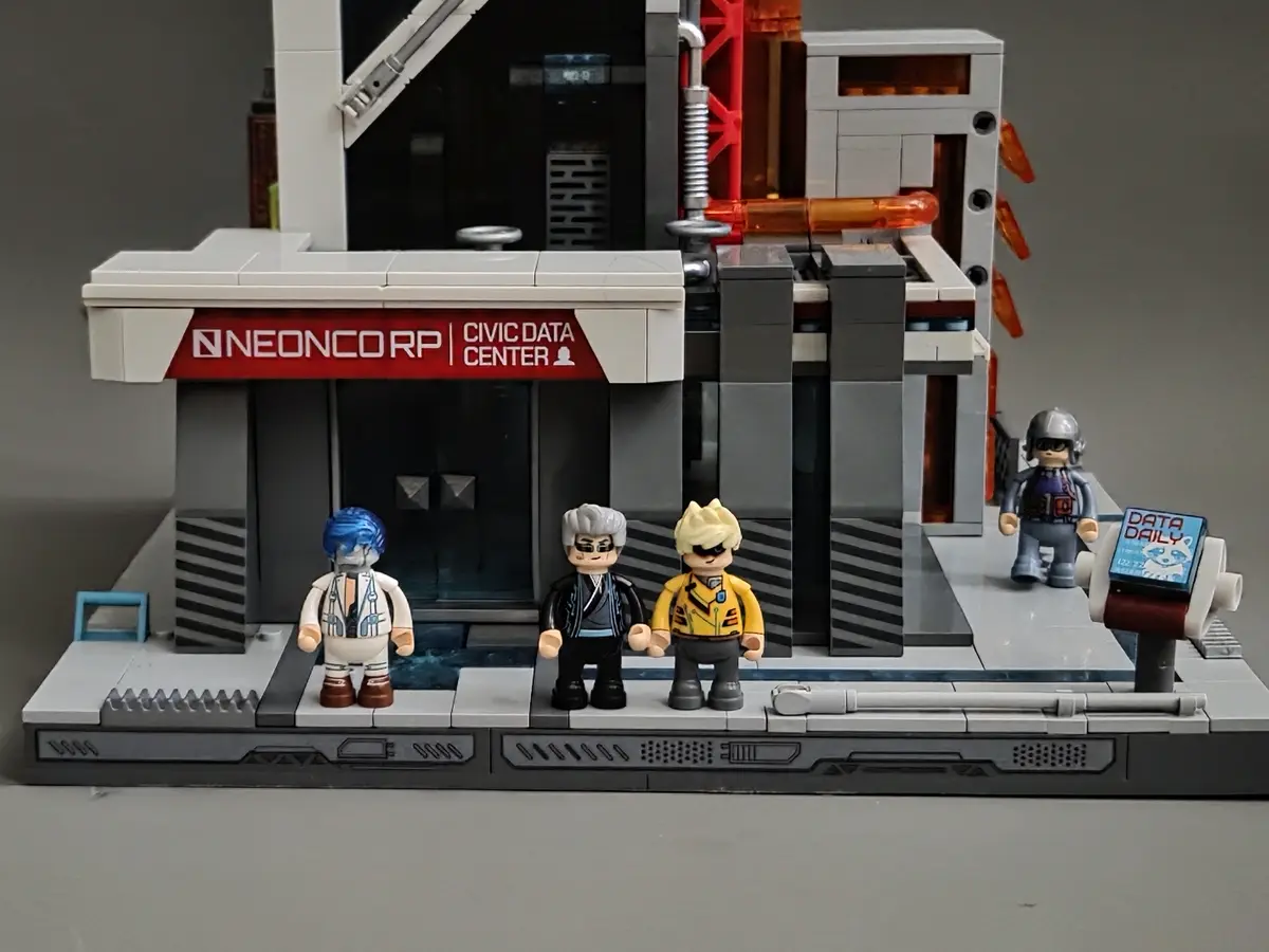 Characters posed outside the Lumibricks Neon Tech Tower 17011