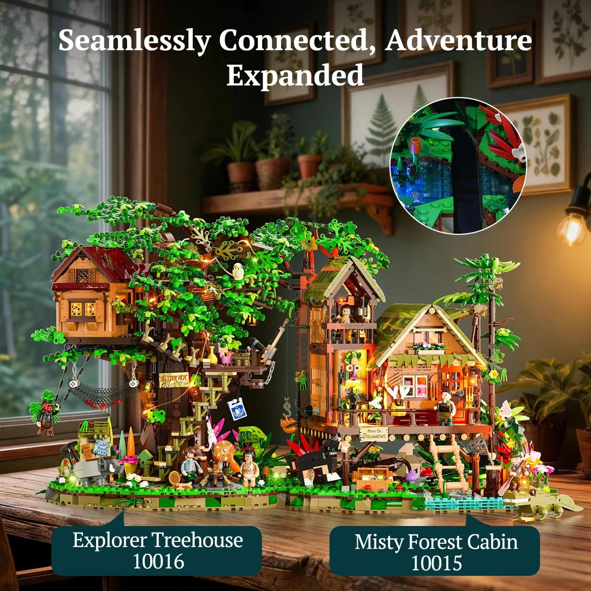 Lumibricks Explorer Treehouse 10016 connected to Misty Forest Cabin 10015