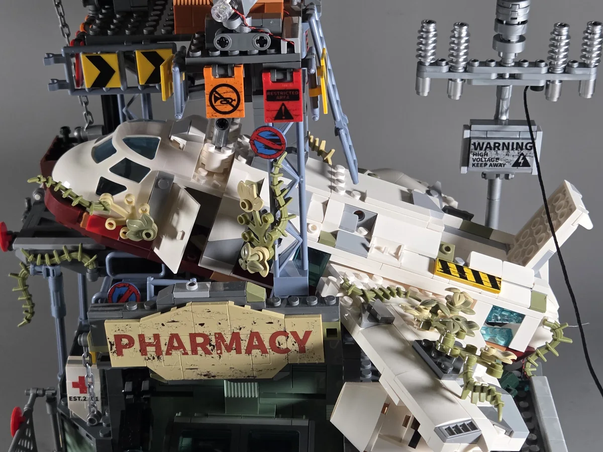 Crashed aircraft across the pharmacy roof with damaged wings and plant growth