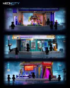 Lumibricks Cyberpunk teaser showing Neoncity Exchange, the Detective's Agency and Neon Club