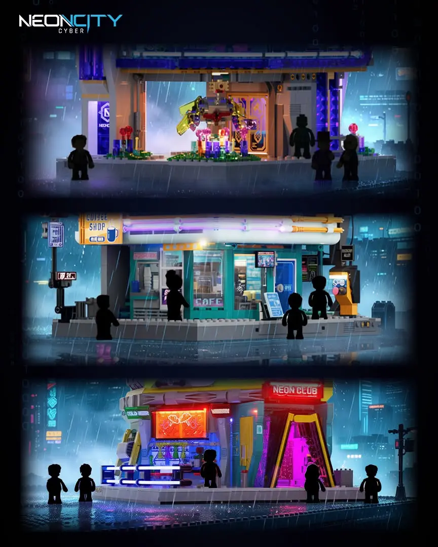 Lumibricks Cyberpunk teaser showing Neoncity Exchange, the Detective's Agency and Neon Club