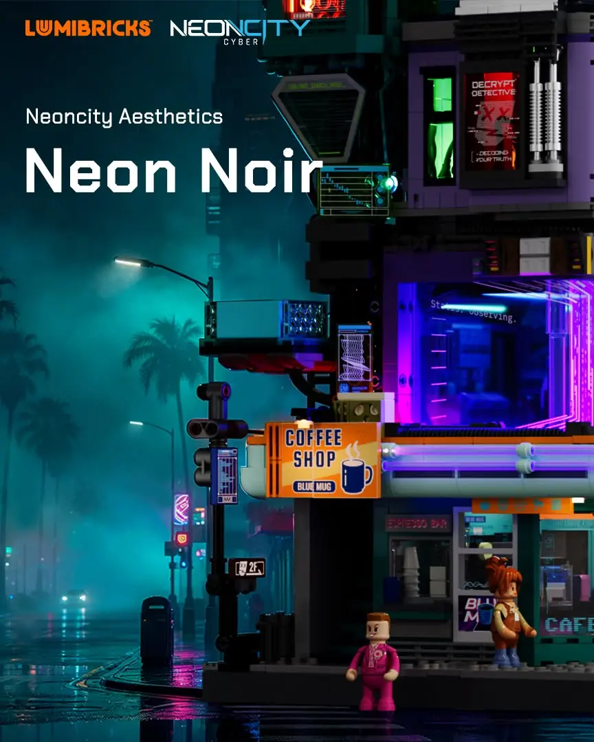 Lumibricks Detective's Agency teaser with a Blue Mug coffee shop and illuminated upper floors