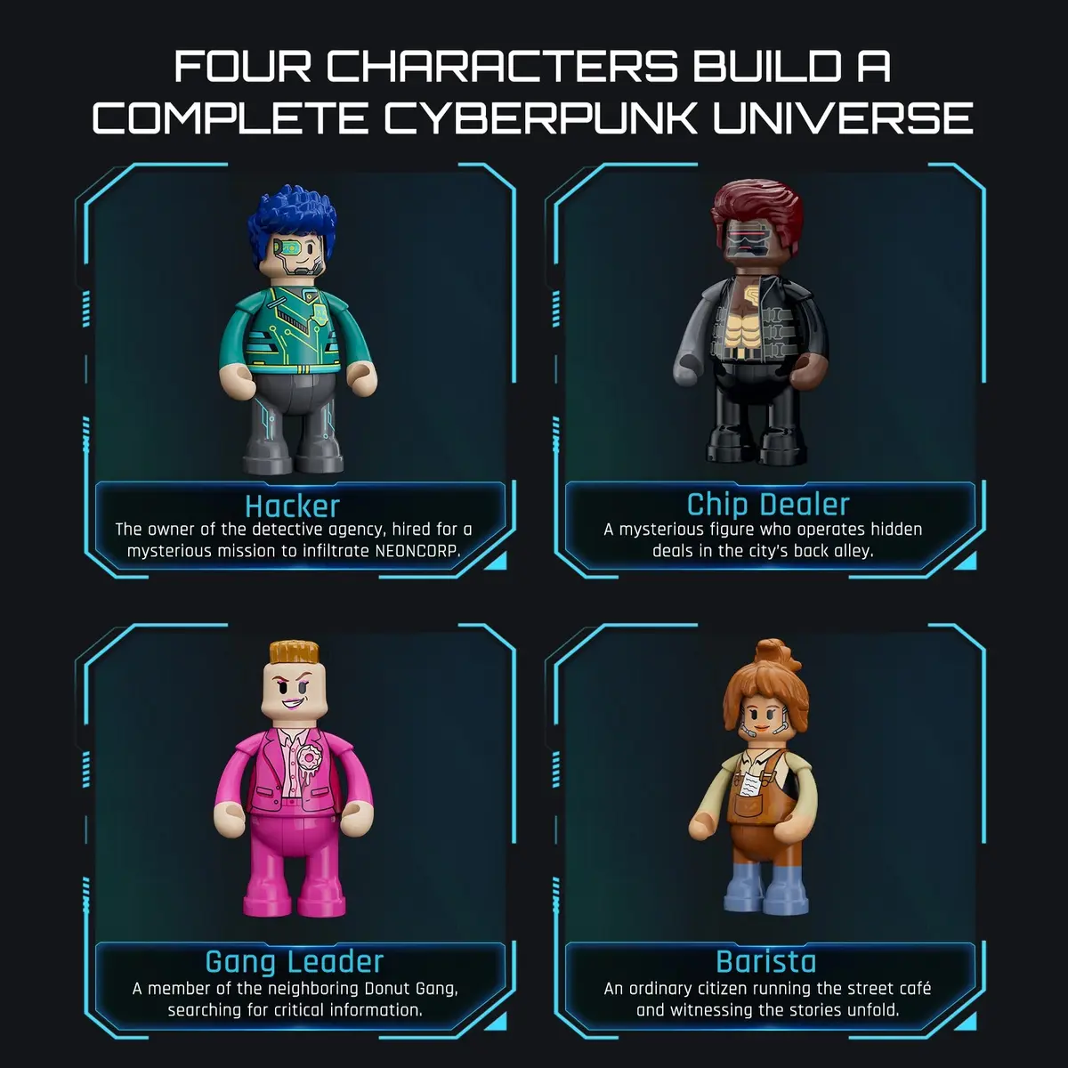 Hacker, chip dealer, gang leader and barista figures in Lumibricks Detective's Office 17018