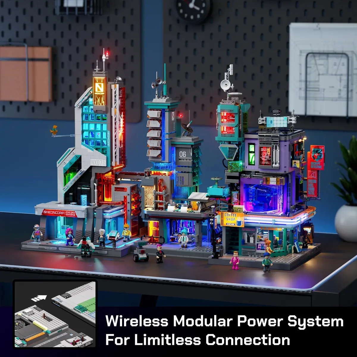 Lumibricks Detective's Office 17018 beside other illuminated Cyberpunk Neoncity buildings