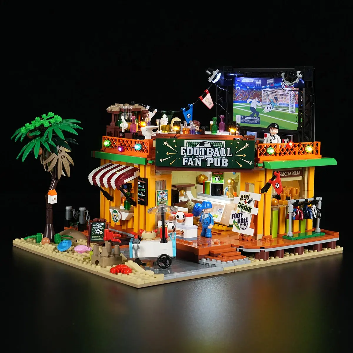 Football Fan Pub 20008 showing its yellow shopfront, green trim and orange rooftop railings