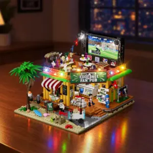 Lumibricks Football Fan Pub 20008 with an illuminated rooftop match screen and football shop below
