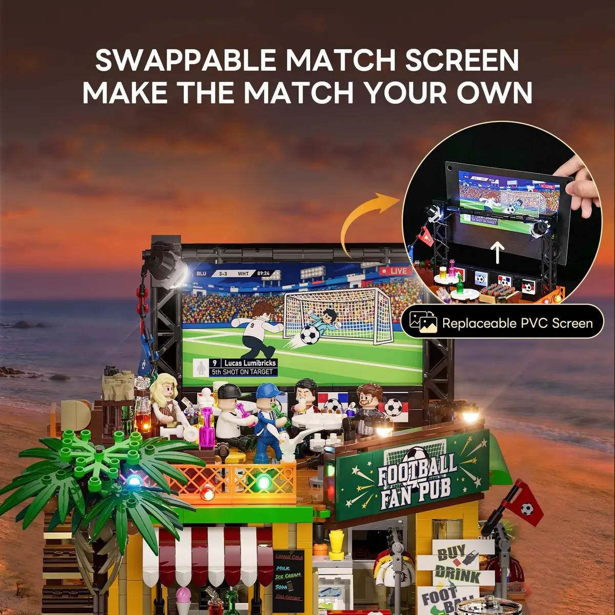 Replaceable printed PVC match screen above the rooftop bar of Football Fan Pub 20008
