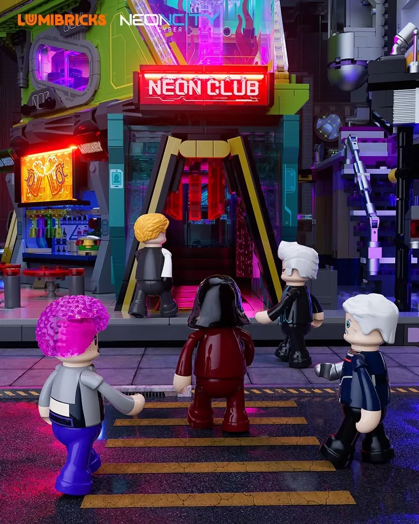 Lumibricks Neon Club teaser showing the illuminated entrance, street-side bar and exterior stairs
